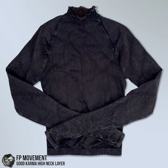 FP MOVEMENT GOOD KARMA HIGH NECK LAYER TOP IN WASHED BLACK COMPRESSIVE WORKOUT - Picture 1 of 13